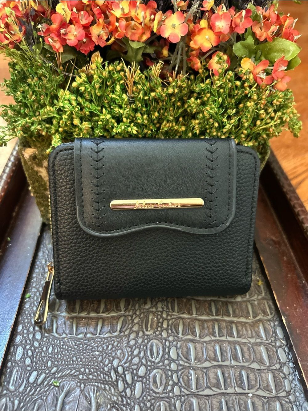 Black Compact Zip Wallet with Gold Accent